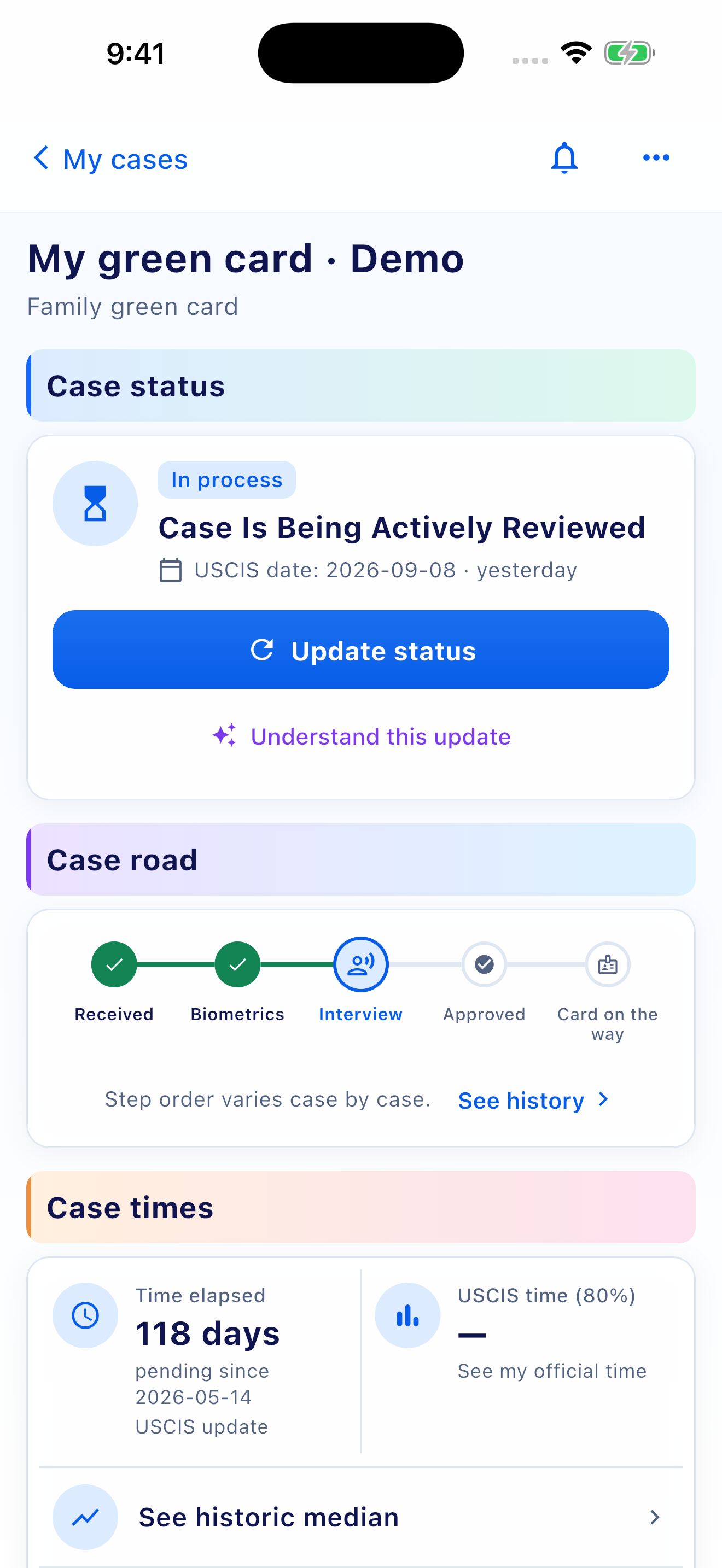 Fictional case overview with a saved status, case road and link to case history