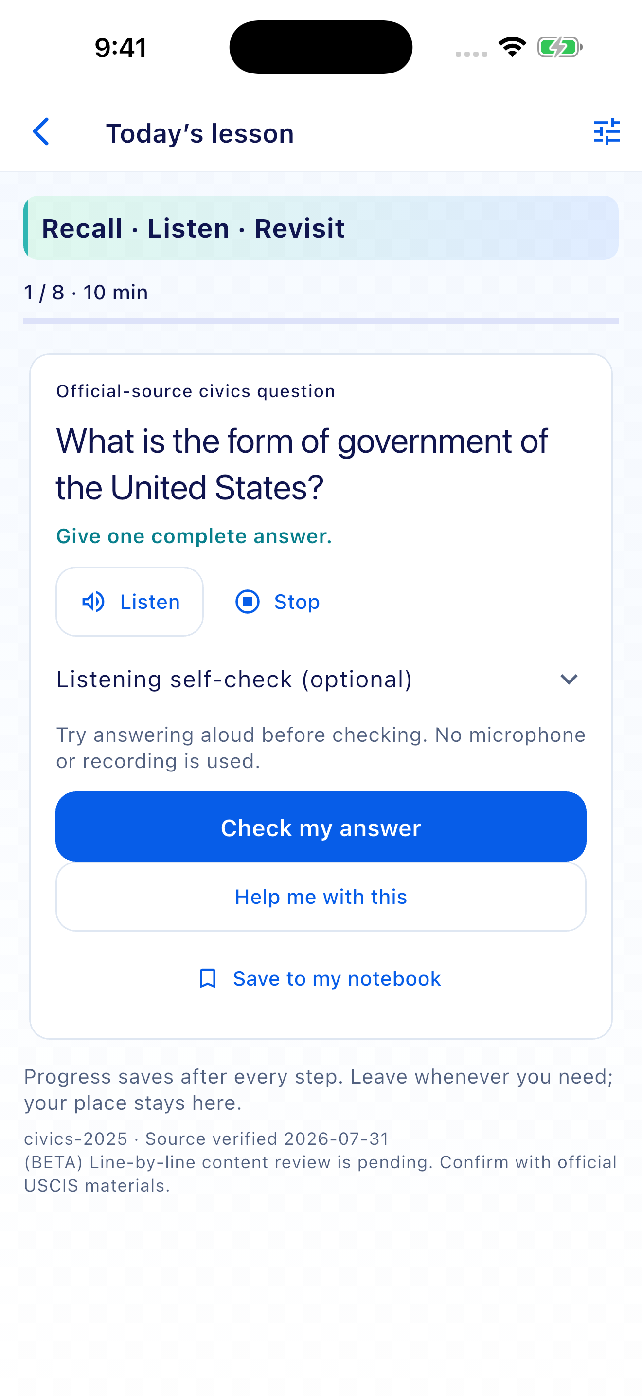 Citizenship preparation session with a practice question and study controls