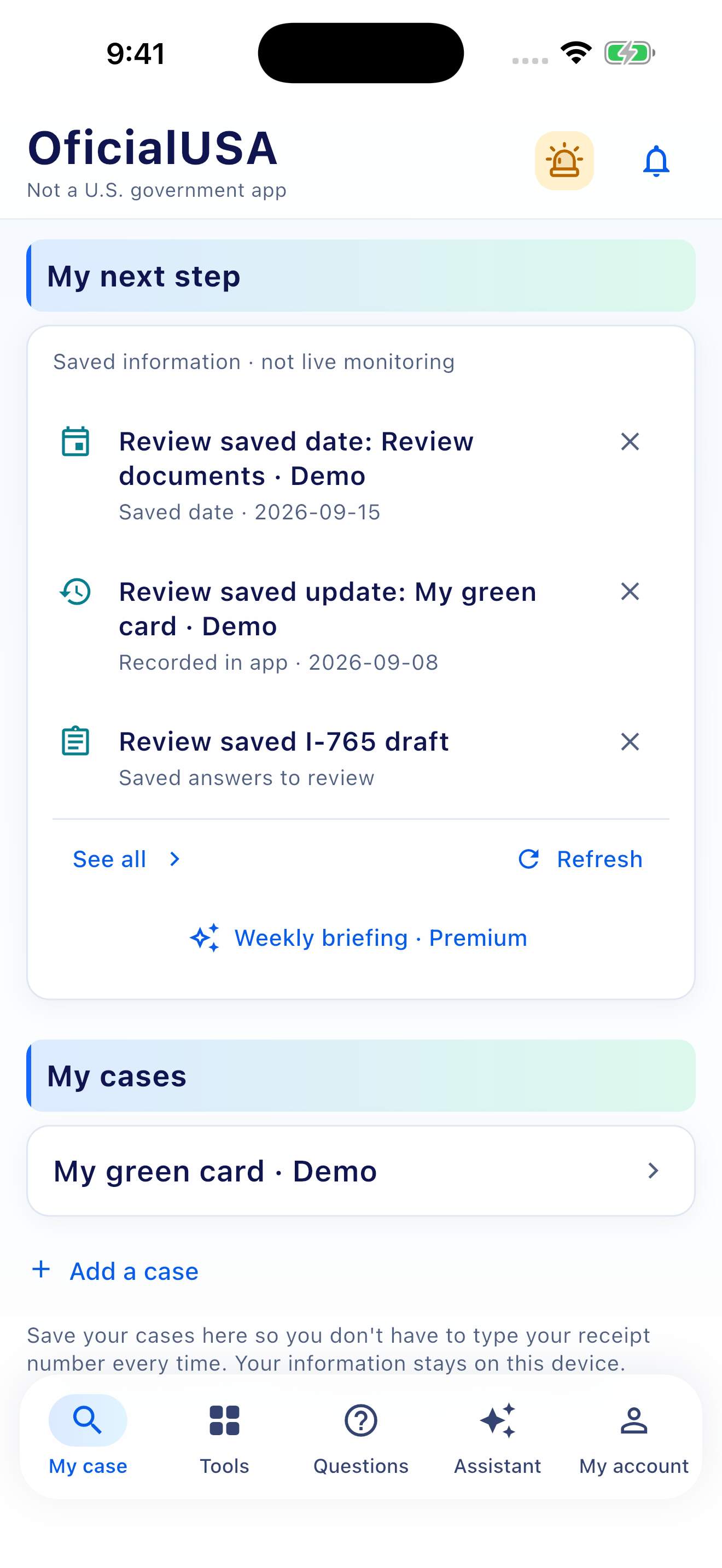 OficialUSA home with a next step based on fictional saved information