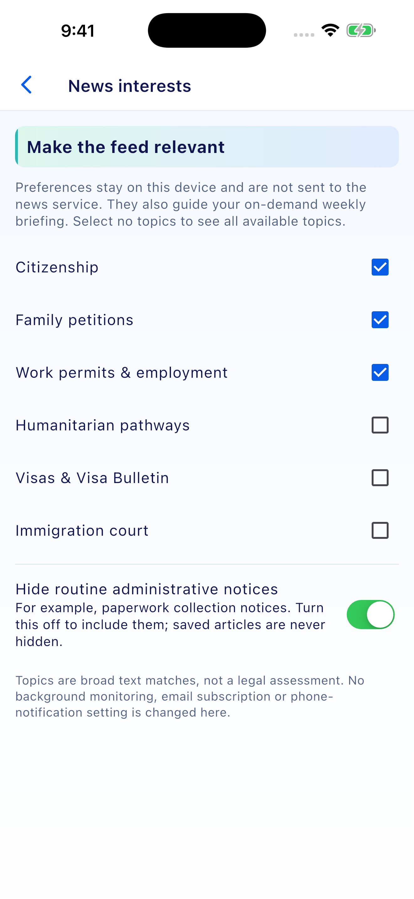 News preferences with citizenship, family and employment topics selected for demonstration