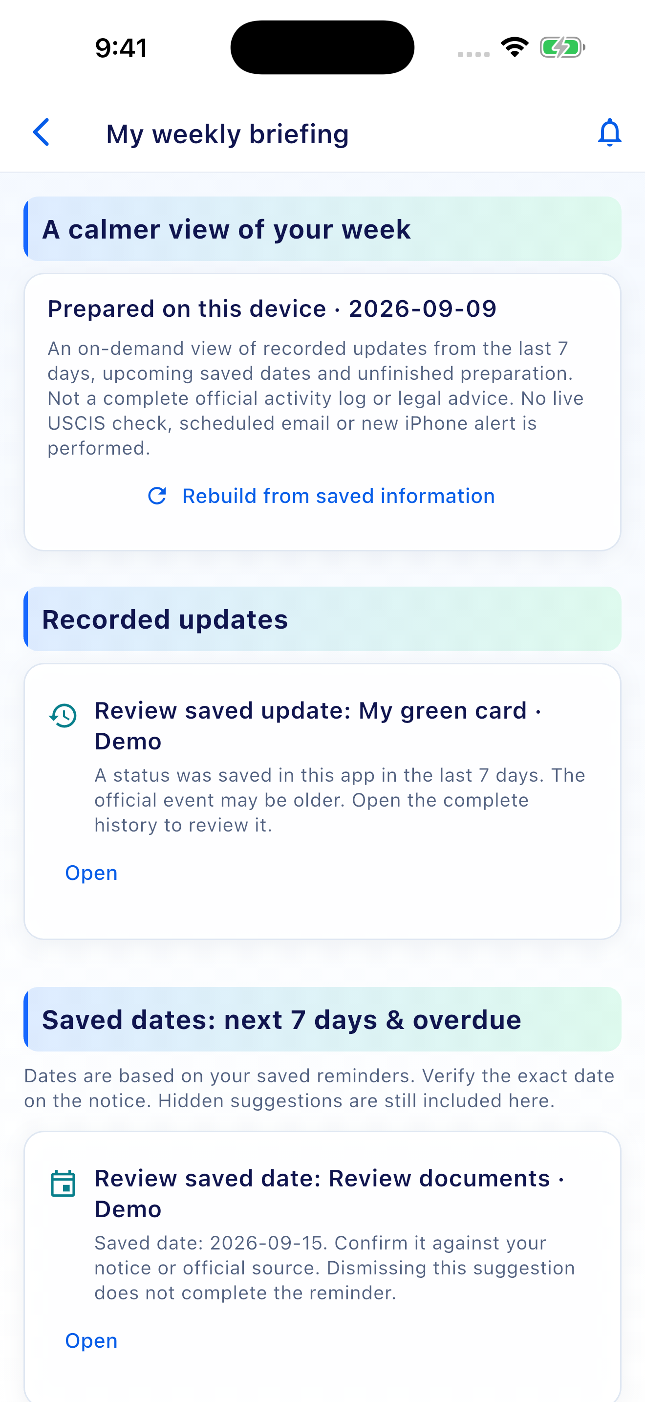 Demonstration weekly briefing with saved tasks and progress